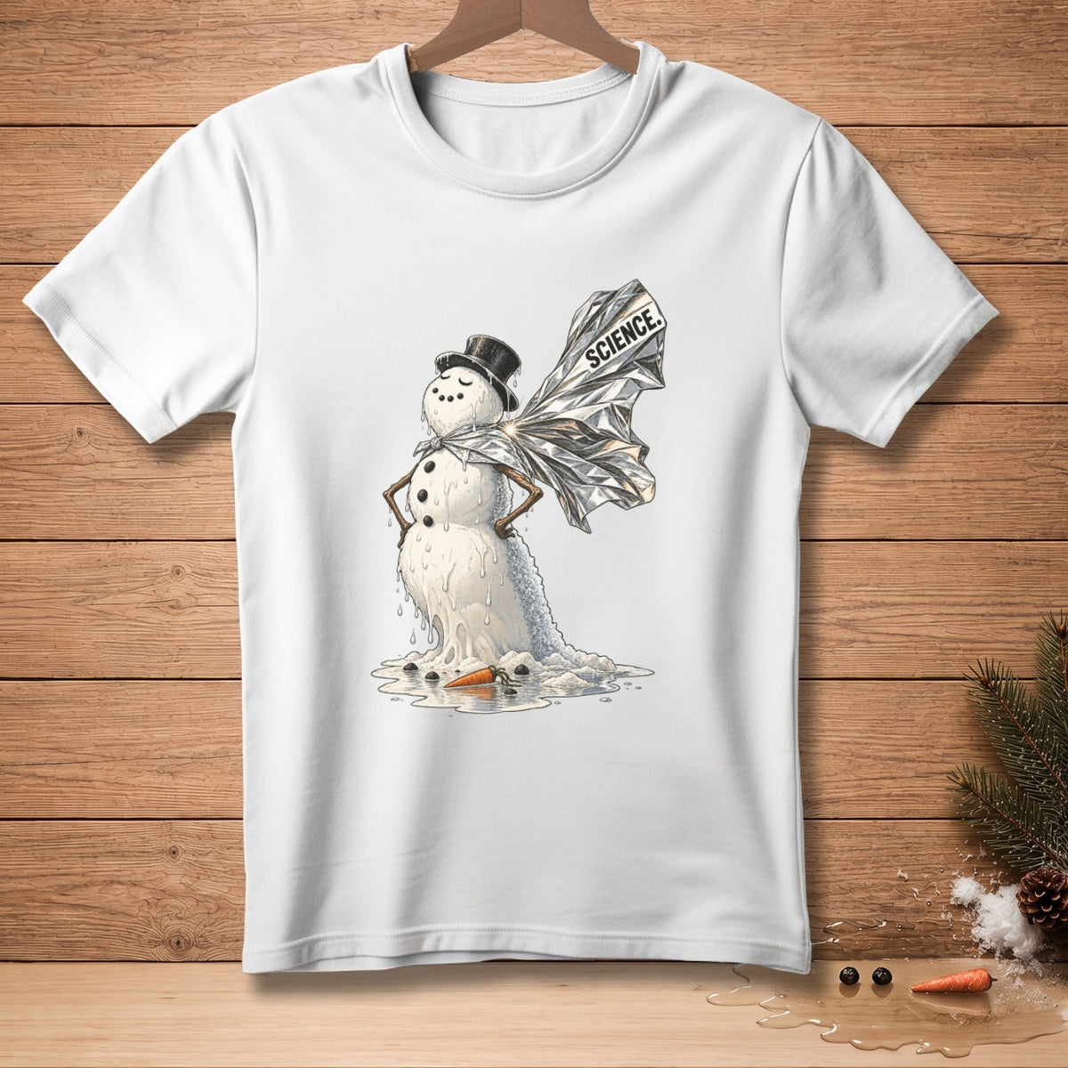 Melting snowman with a cape that reads "SCIENCE".