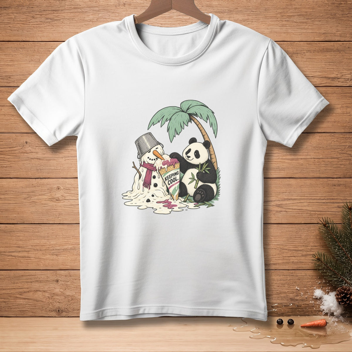 Panda and melting snowman with ice cream under a palm tree, text "KEEPING COOL".