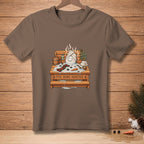 Snowman relaxing in a wooden tub with steam, towel on head, text "Five More Minutes".