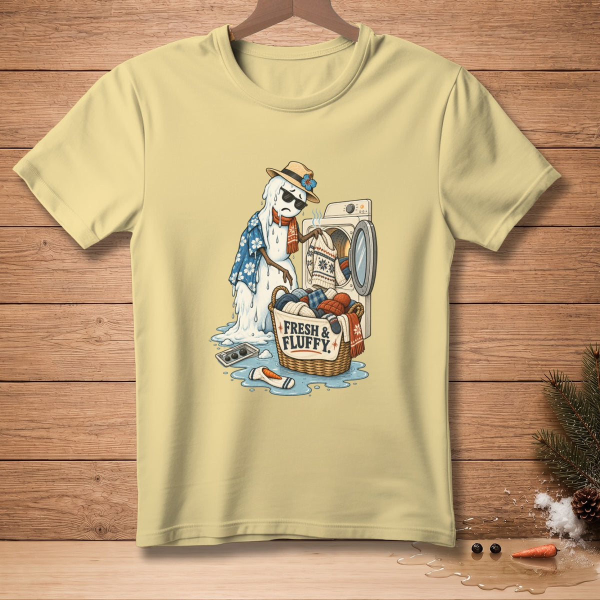 Melting snowman in a Hawaiian shirt doing laundry with a basket labeled "Fresh & Fluffy."