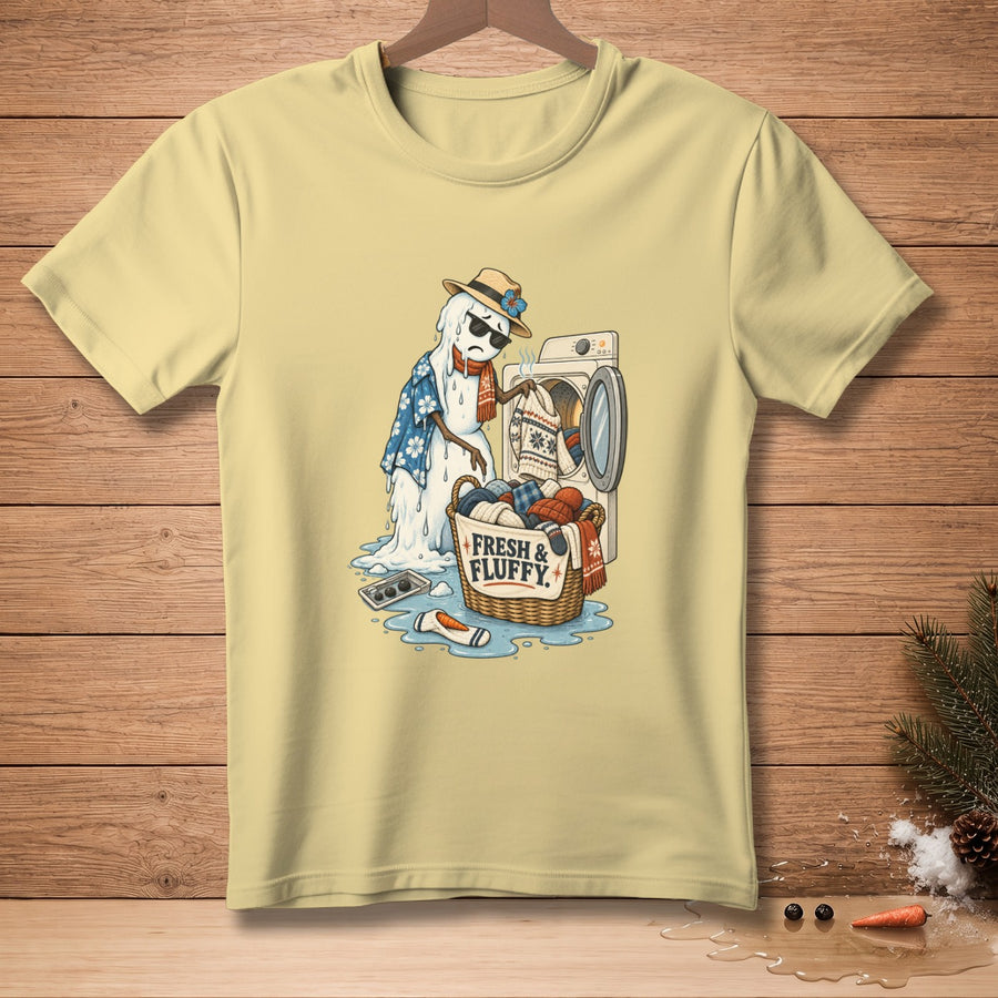 Melting snowman in a Hawaiian shirt doing laundry with a basket labeled "Fresh & Fluffy."