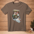 Two melting snowmen in a golf cart with "SHOTGUN" license plate in the rain.