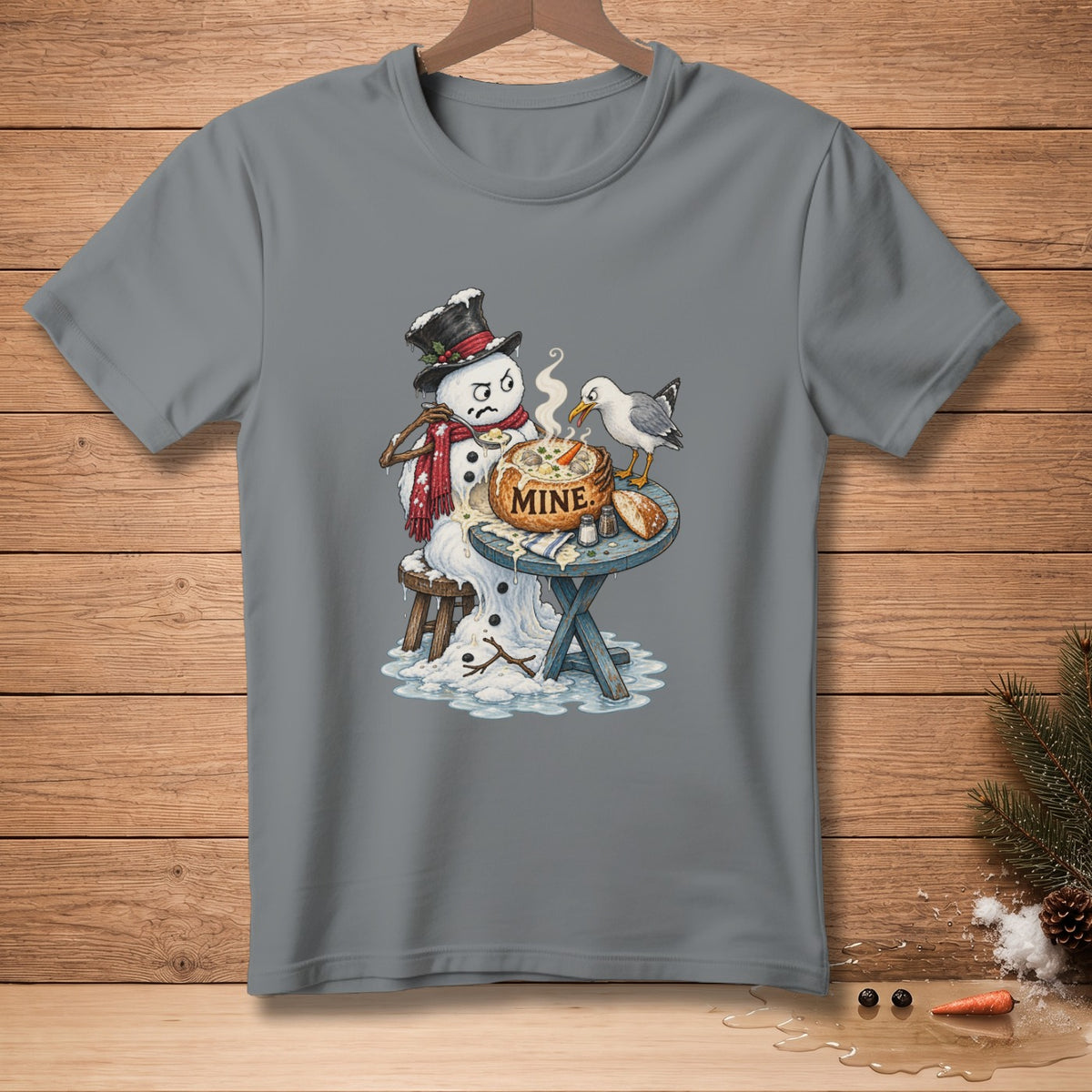 Snowman with hat and scarf, eating soup from a bowl labeled "Mine" while a bird watches.