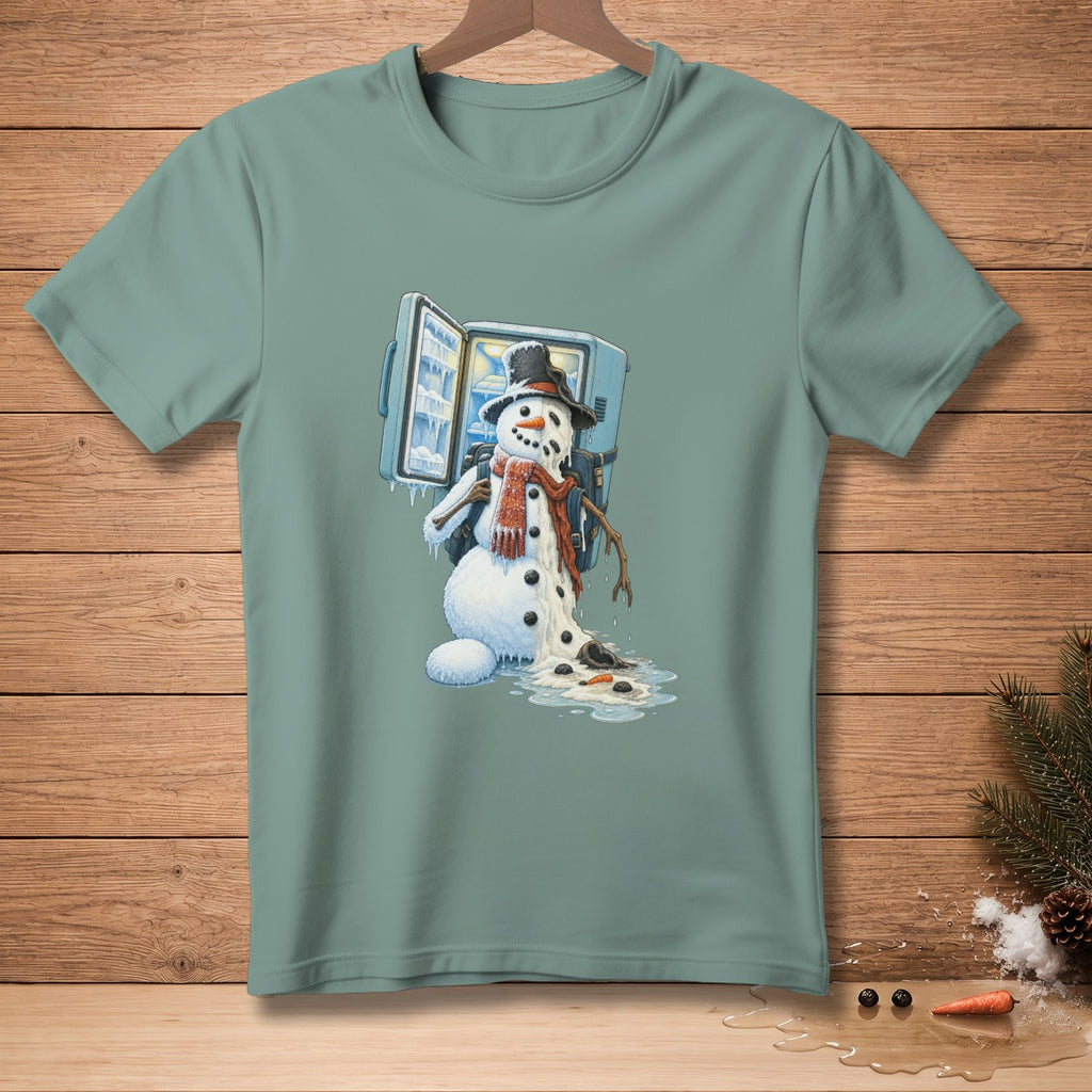 Melting snowman wearing a hat and scarf next to an open refrigerator.