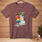 Melting snowman in sunglasses with tropical drink, wearing a straw hat, and text "LAYERED."
