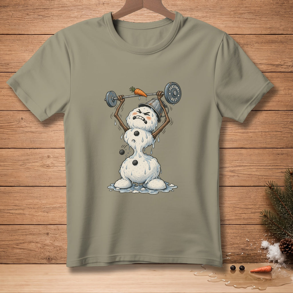 Melting snowman lifting barbell with carrot and text "PERSONAL BEST".