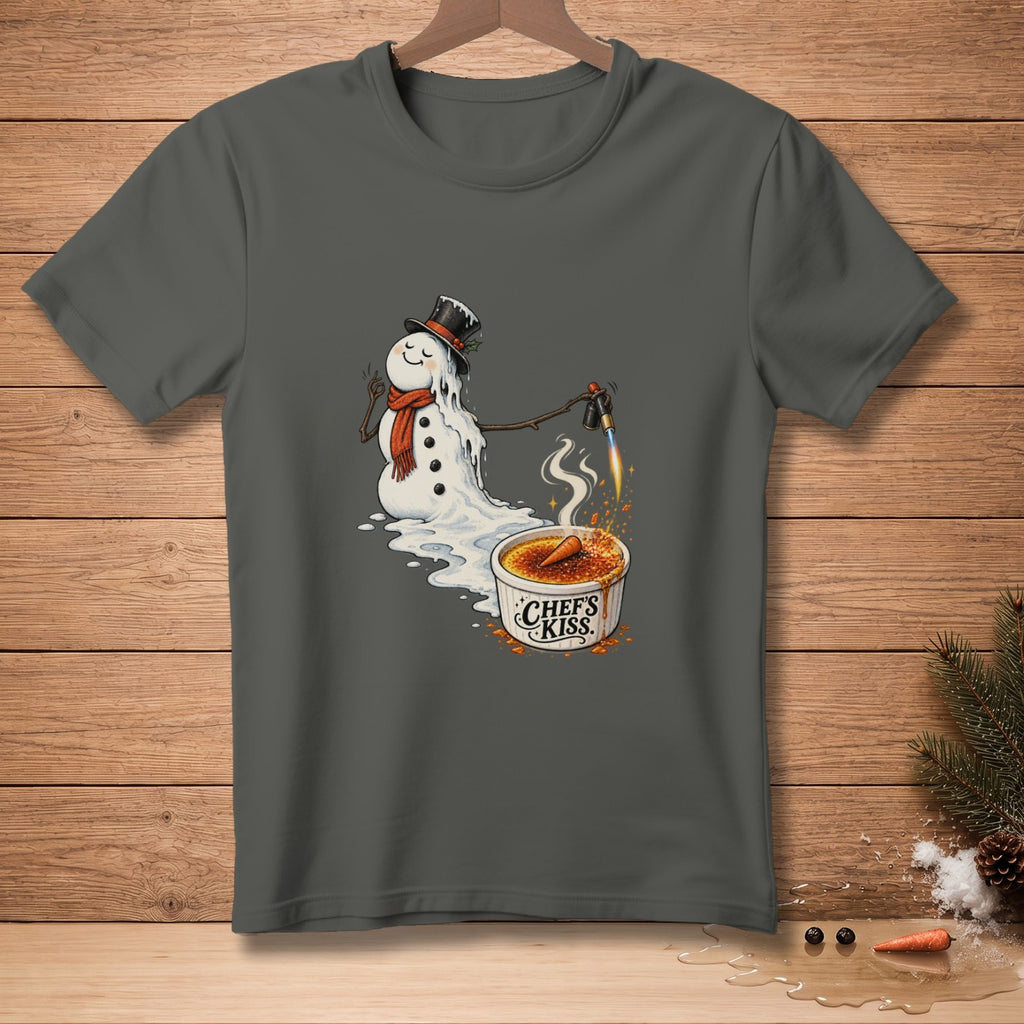 Melting snowman with torch caramelizing creme brulee with "Chef's Kiss" text.