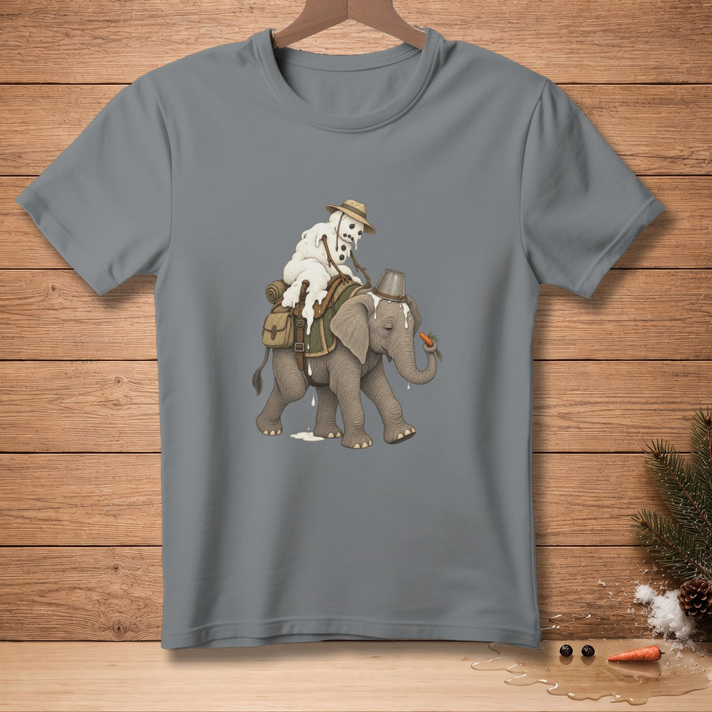 Elephant carrying a melting snowman with a carrot in its trunk.