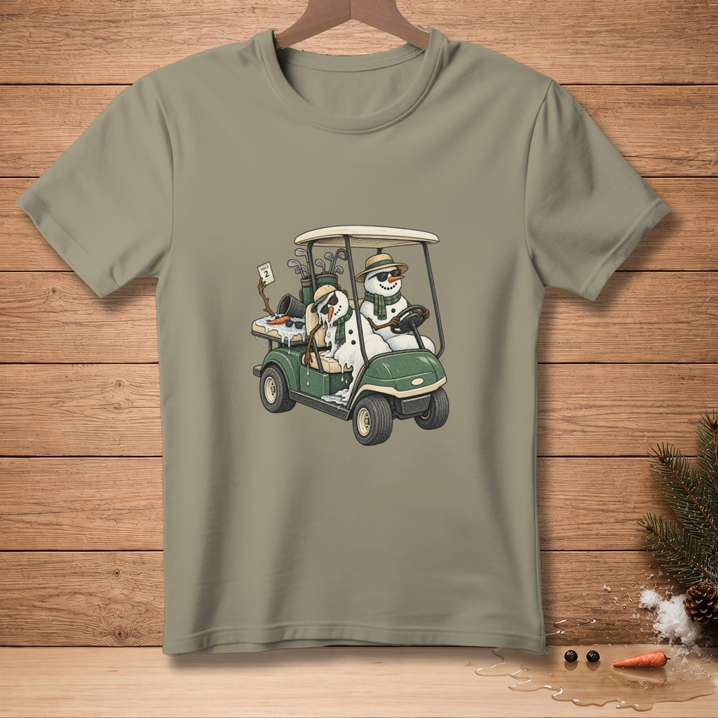 Two snowmen in a golf cart with clubs and a "Hole 2" sign.
