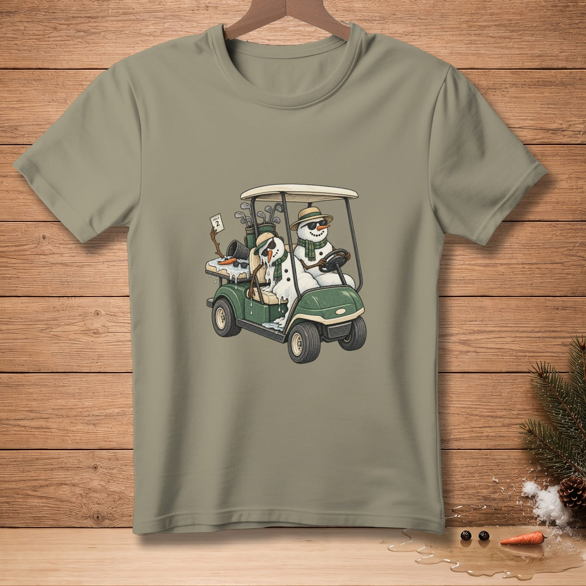 Two snowmen in a golf cart with clubs and a "Hole 2" sign.
