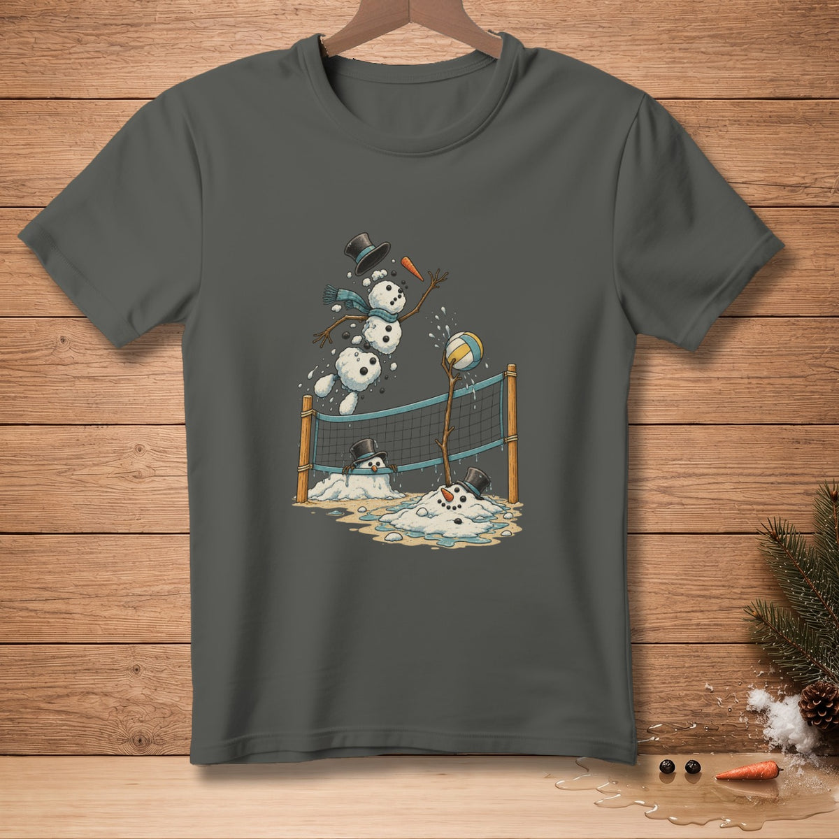 Snowmen playing volleyball in the snow.