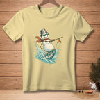 Snowman wearing sunglasses and scarf surfs a wave, holding carrot on a stick.