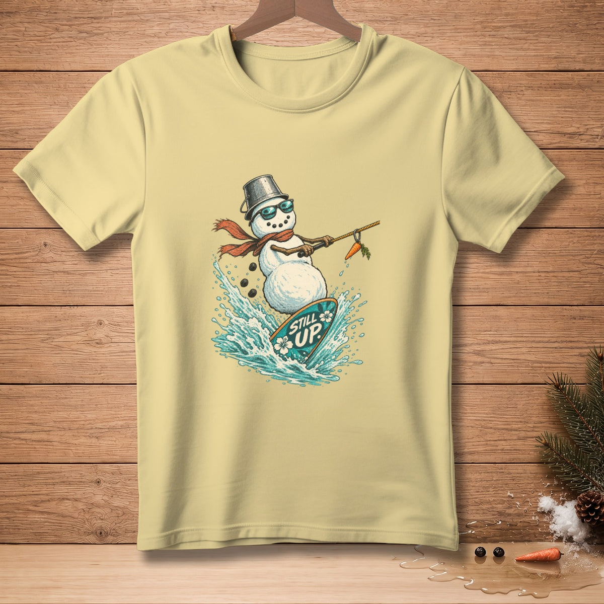 Snowman wearing sunglasses and scarf surfs a wave, holding carrot on a stick.