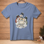 Three melting snowmen wearing hats and scarves surround a birthday cake with lit candles and the text "Make a Wish."