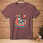 T-shirt with snowmen and flamingo on inflatable float, text reads "WE'RE GOOD."