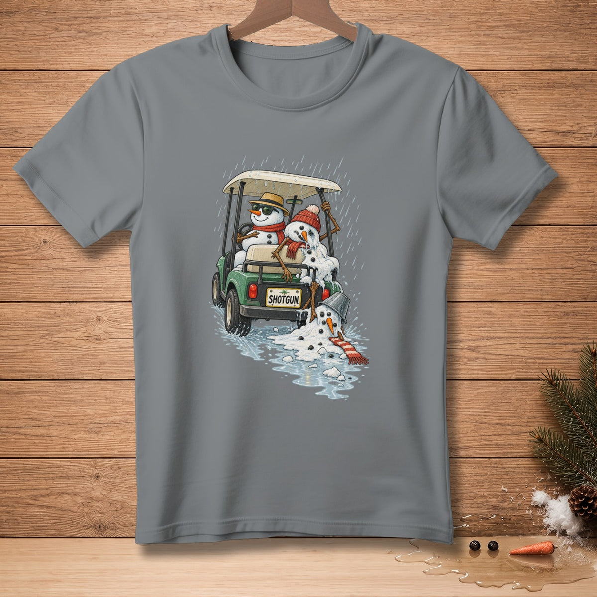 Snowmen in a golf cart melting in the rain, with "SHOTGUN" license plate.