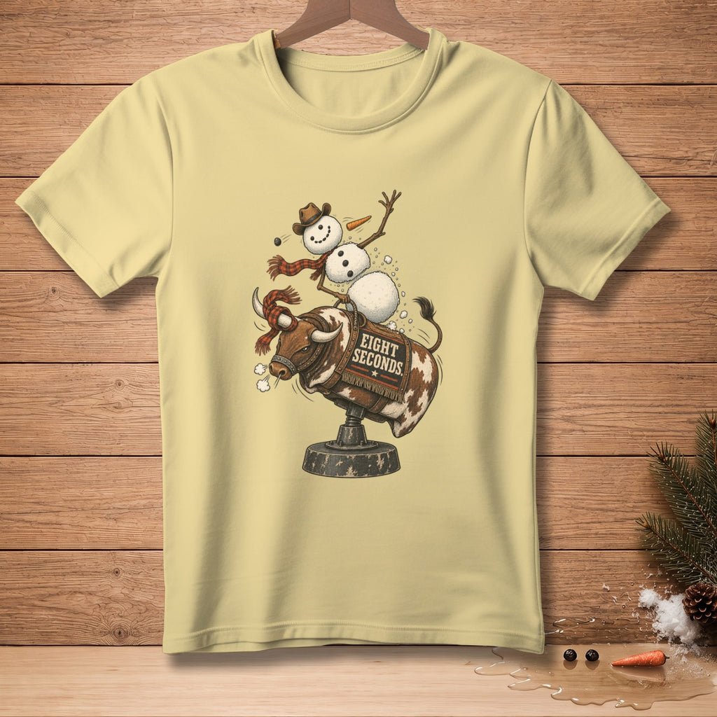 Snowman riding mechanical bull with "Eight Seconds" text on blanket.