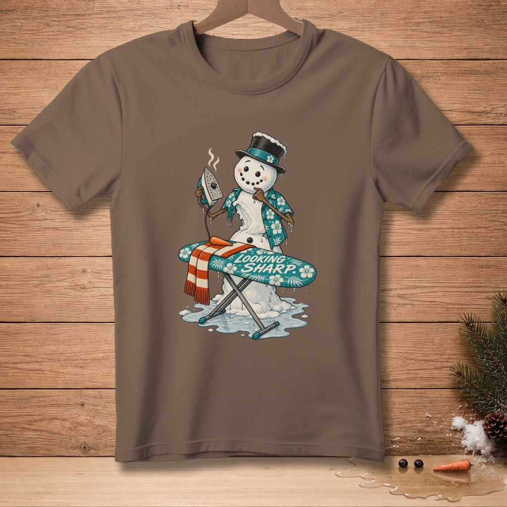 Snowman with top hat, Hawaiian shirt, ironing board, and text "LOOKING SHARP".