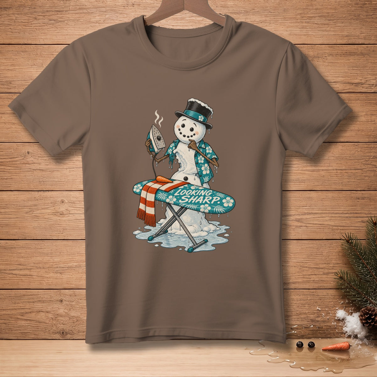 Snowman with top hat, Hawaiian shirt, ironing board, and text "LOOKING SHARP".