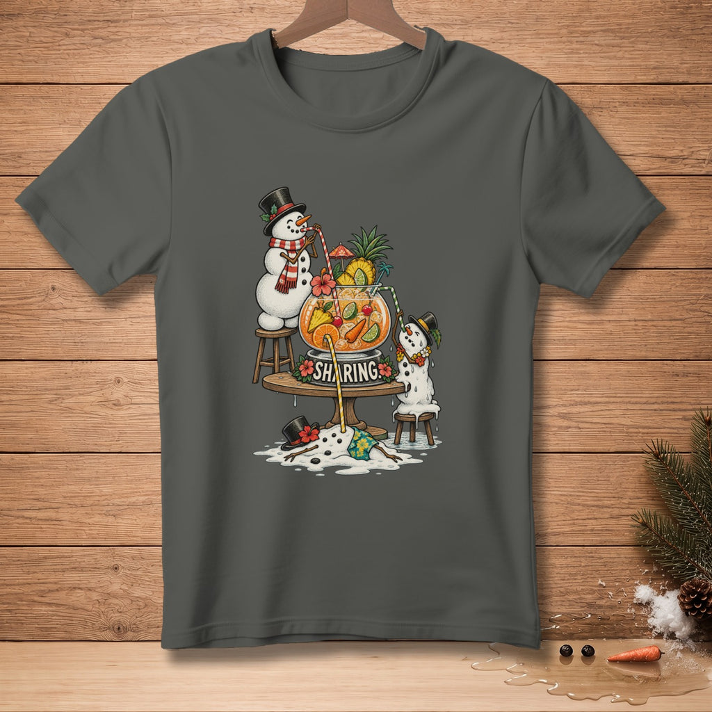 Snowmen sharing a tropical drink with "Sharing" text on a dark grey t-shirt.