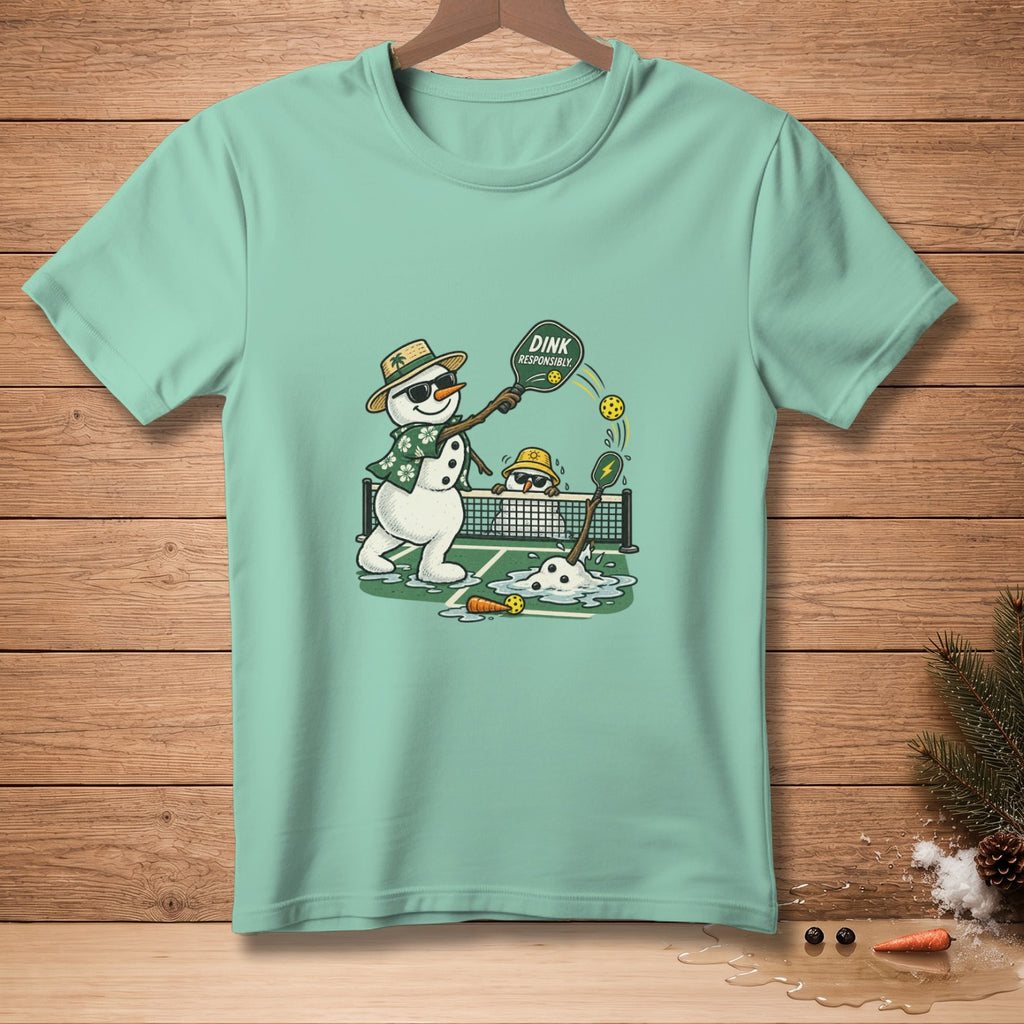 Snowman playing pickleball with text "DINK RESPONSIBLY" on paddle.