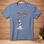 T-shirt with melting snowman holding a kite that says "Great Wind".
