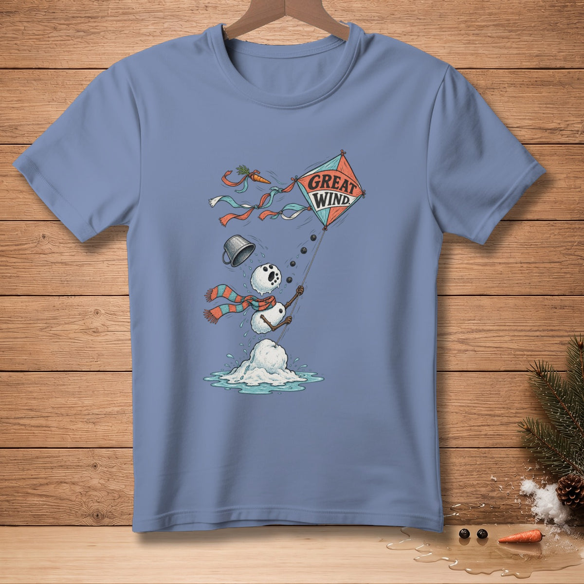 T-shirt with melting snowman holding a kite that says "Great Wind".