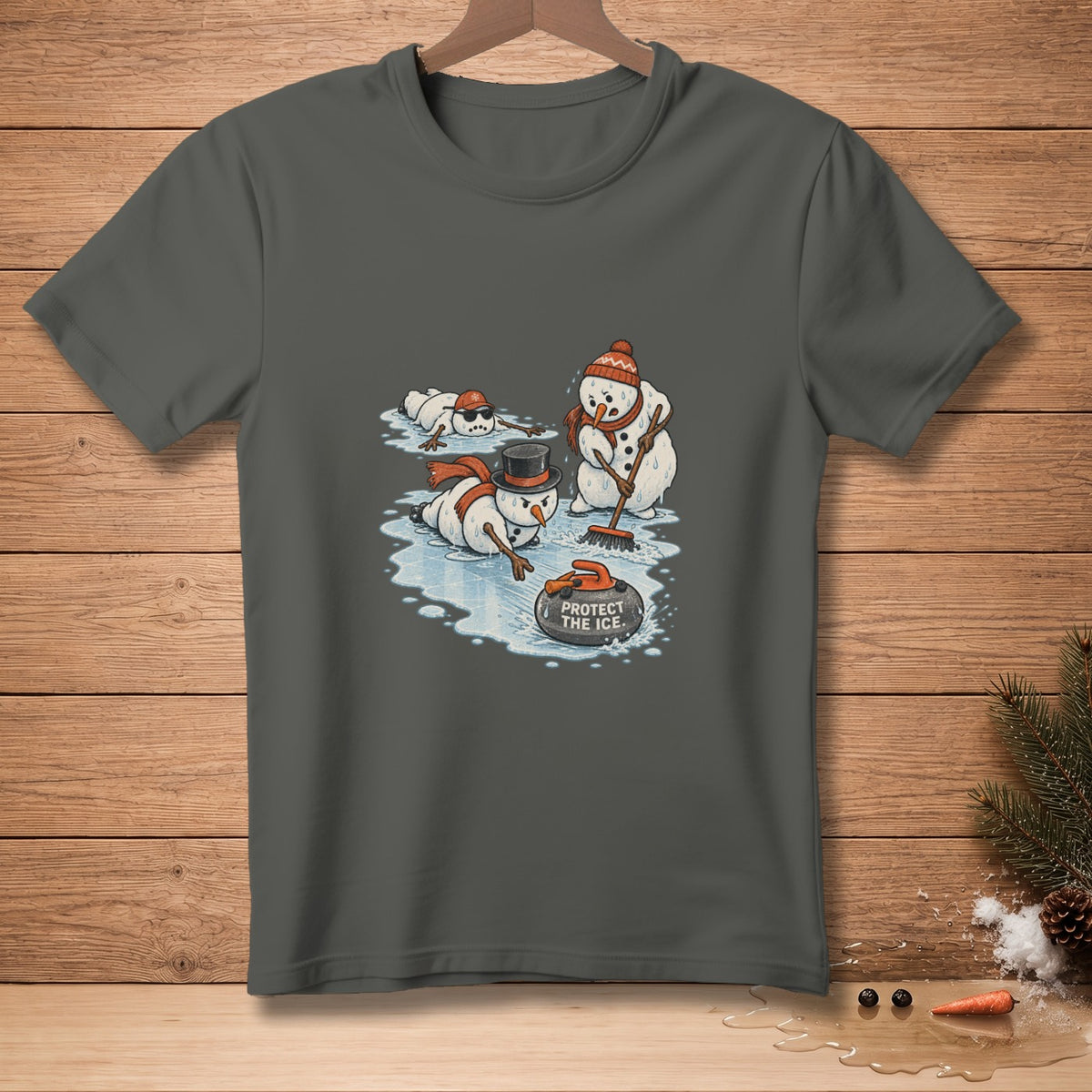 Snowmen playing curling, one sweeps the ice, text says "Protect the Ice."