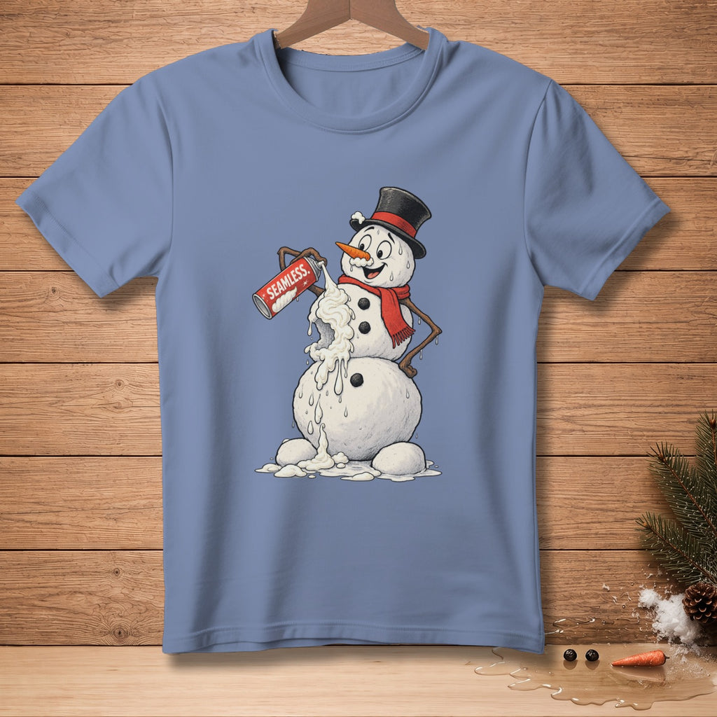 Blue t-shirt featuring a melting snowman with a can labeled "SEAMLESS" spraying white foam.