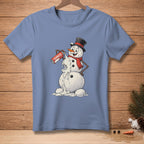 Blue t-shirt featuring a melting snowman with a can labeled "SEAMLESS" spraying white foam.