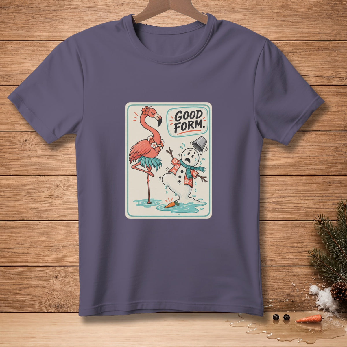 T-shirt with a distressed flamingo and melting snowman graphic, text "GOOD FORM."