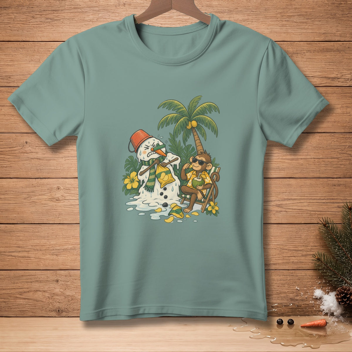 Melting snowman and monkey with coconut drink on beach.
