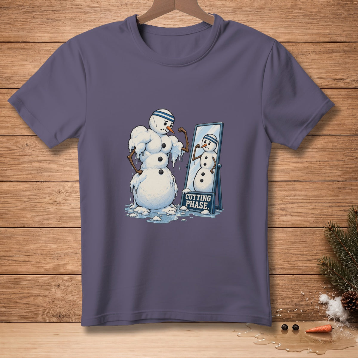 Muscular snowman flexing in mirror with "CUTTING PHASE" sign.
