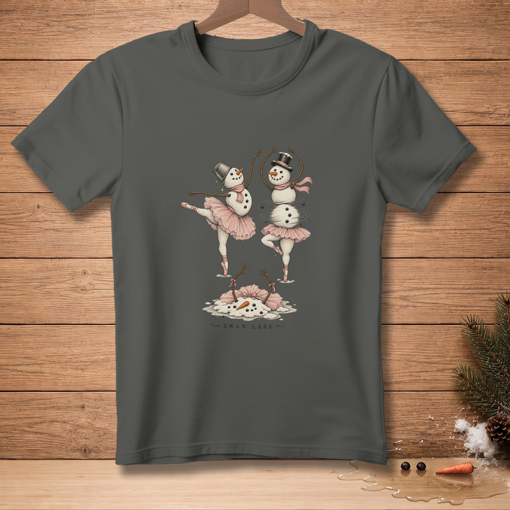 Two ballerinas made of snow perform ballet poses on a gray t-shirt.