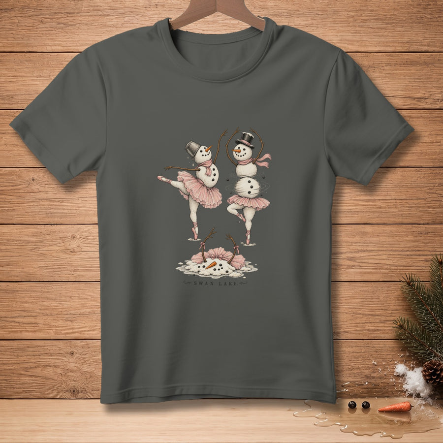 Two ballerinas made of snow perform ballet poses on a gray t-shirt.