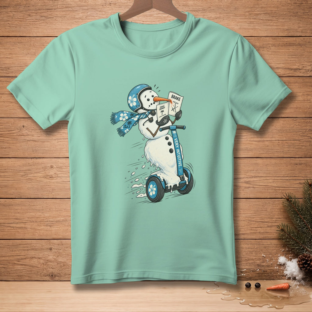 Snowman wearing helmet and scarf riding a Segway, holding a "BRAKE" sign.