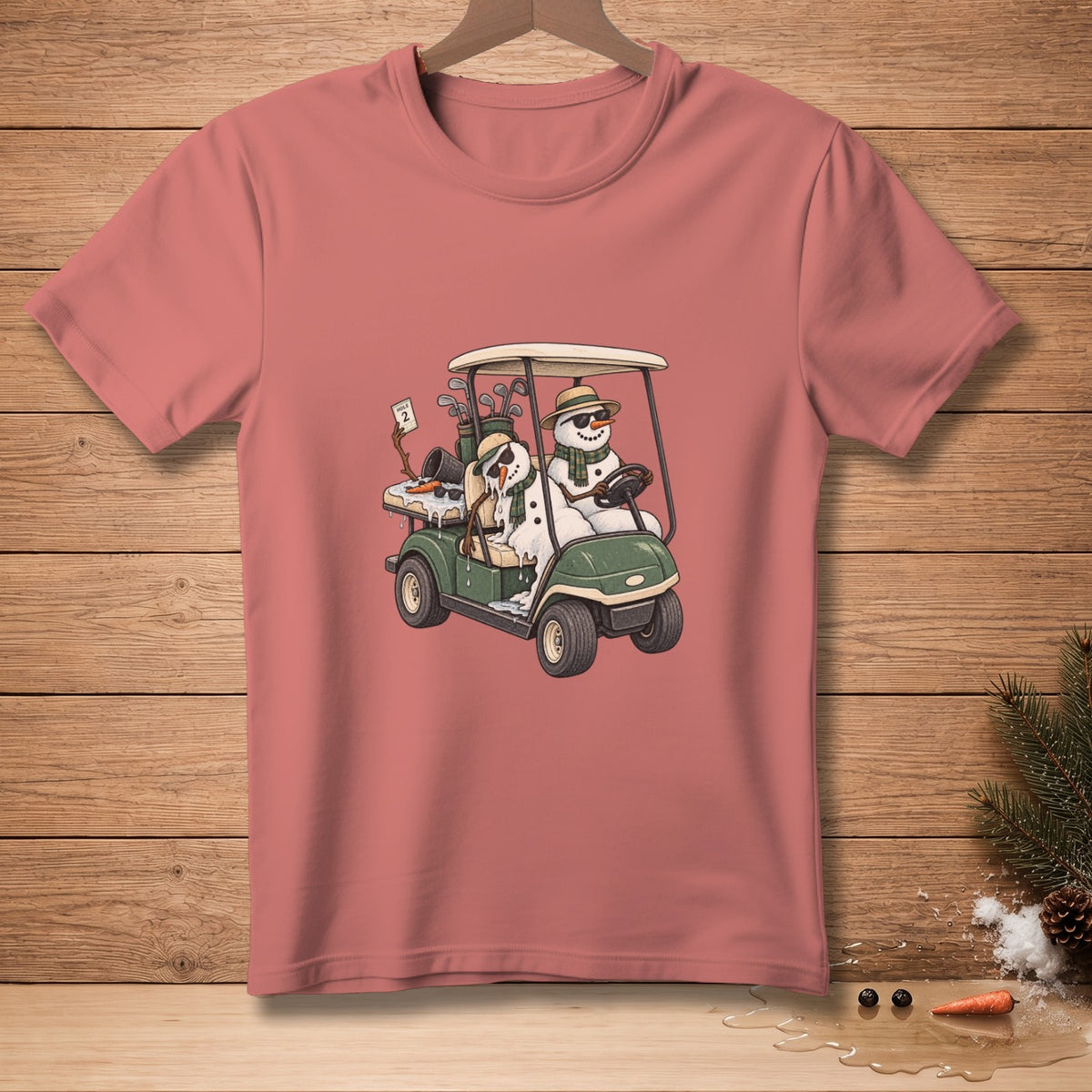 Two snowmen in sunglasses and scarves ride in a golf cart with clubs and a "Hole 2" sign.