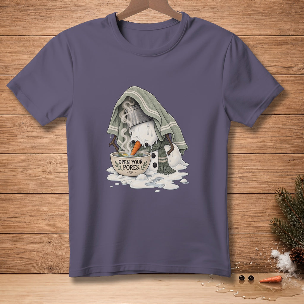 Melting snowman with a towel over head and steam rising from a bowl that says "OPEN YOUR PORES."