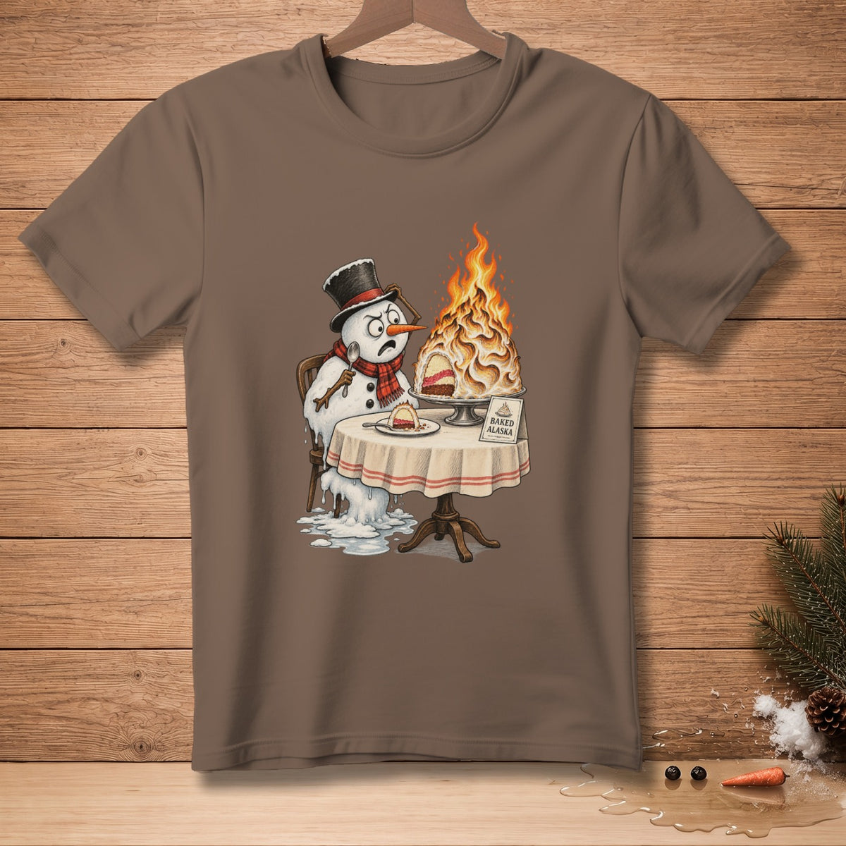 Melting snowman looking distressed at a flaming Baked Alaska cake.