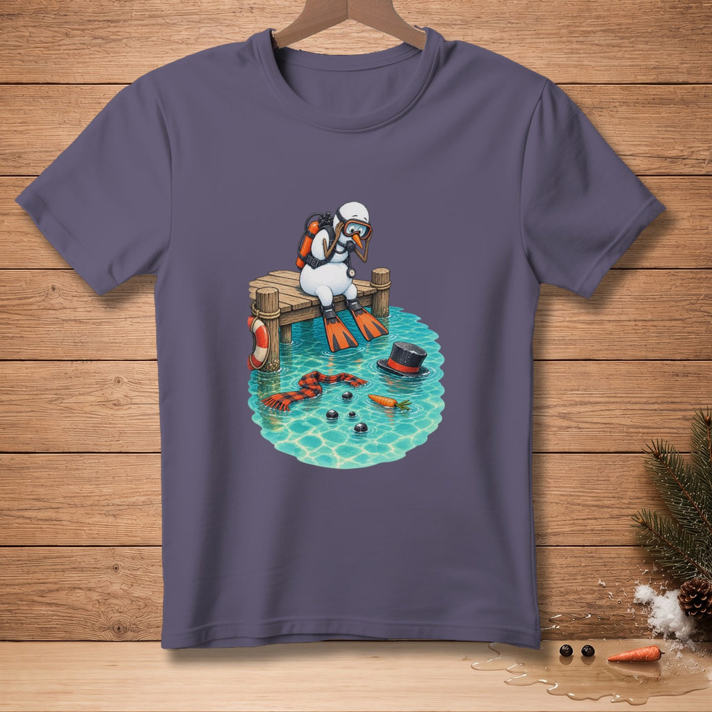 Diving snowman sitting on a dock with flippers, snorkel, and scuba gear.