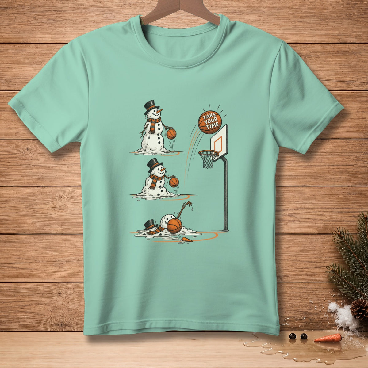 Three melting snowmen playing basketball with text "Take Your Time".