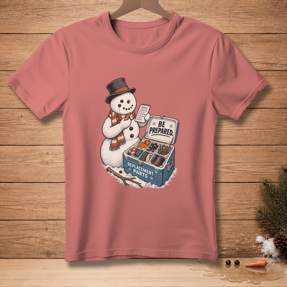Snowman with top hat and scarf holding checklist next to open toolbox of replacement parts.