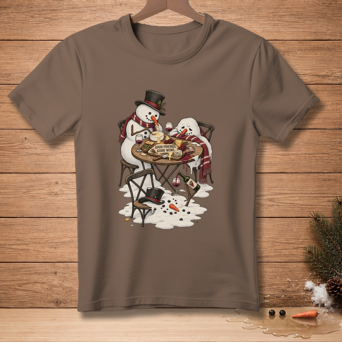 Snowmen enjoying cheese and wine with text "Good Friends, Good Wine."