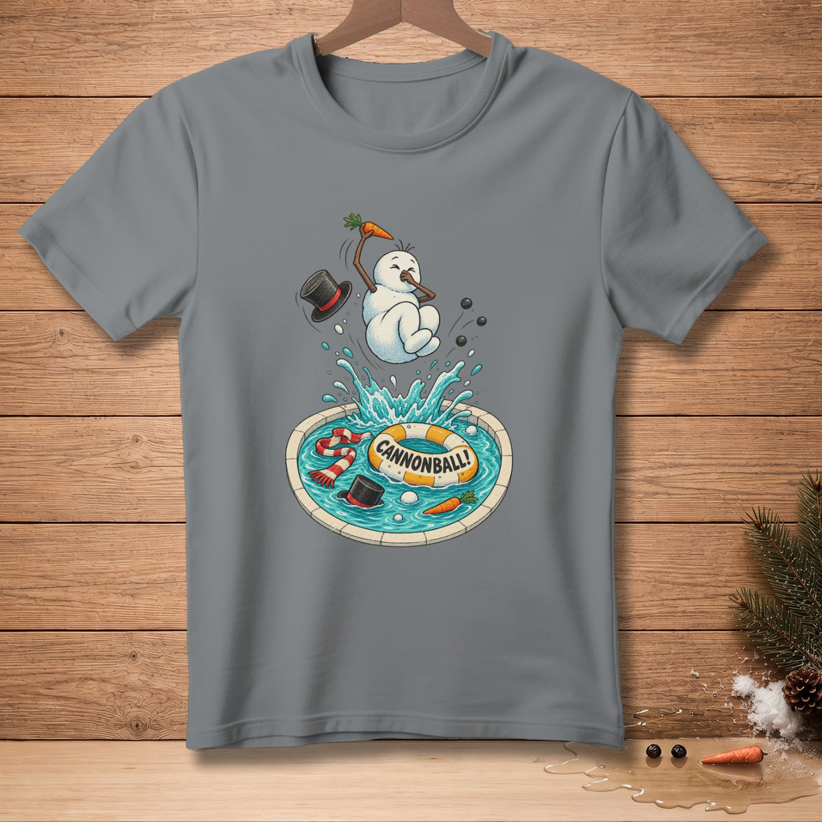 Snowman cannonballs into a pool with a life preserver reading "CANNONBALL!".