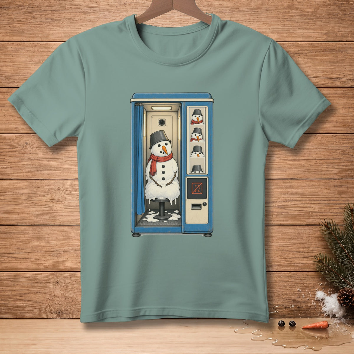Snowman in photo booth with melting puddles, red scarf, bucket hat, and three smaller snowmen.