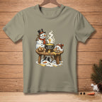 Snowmen enjoying fondue with "DIP RESPONSIBLY" text on a t-shirt.