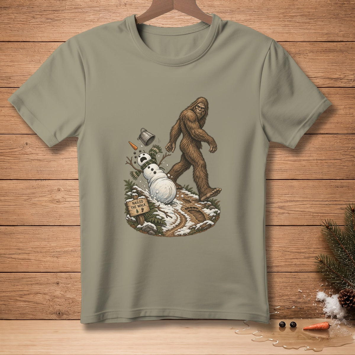 Bigfoot walks past a fallen snowman with a sign that says "Nailed the Walk."