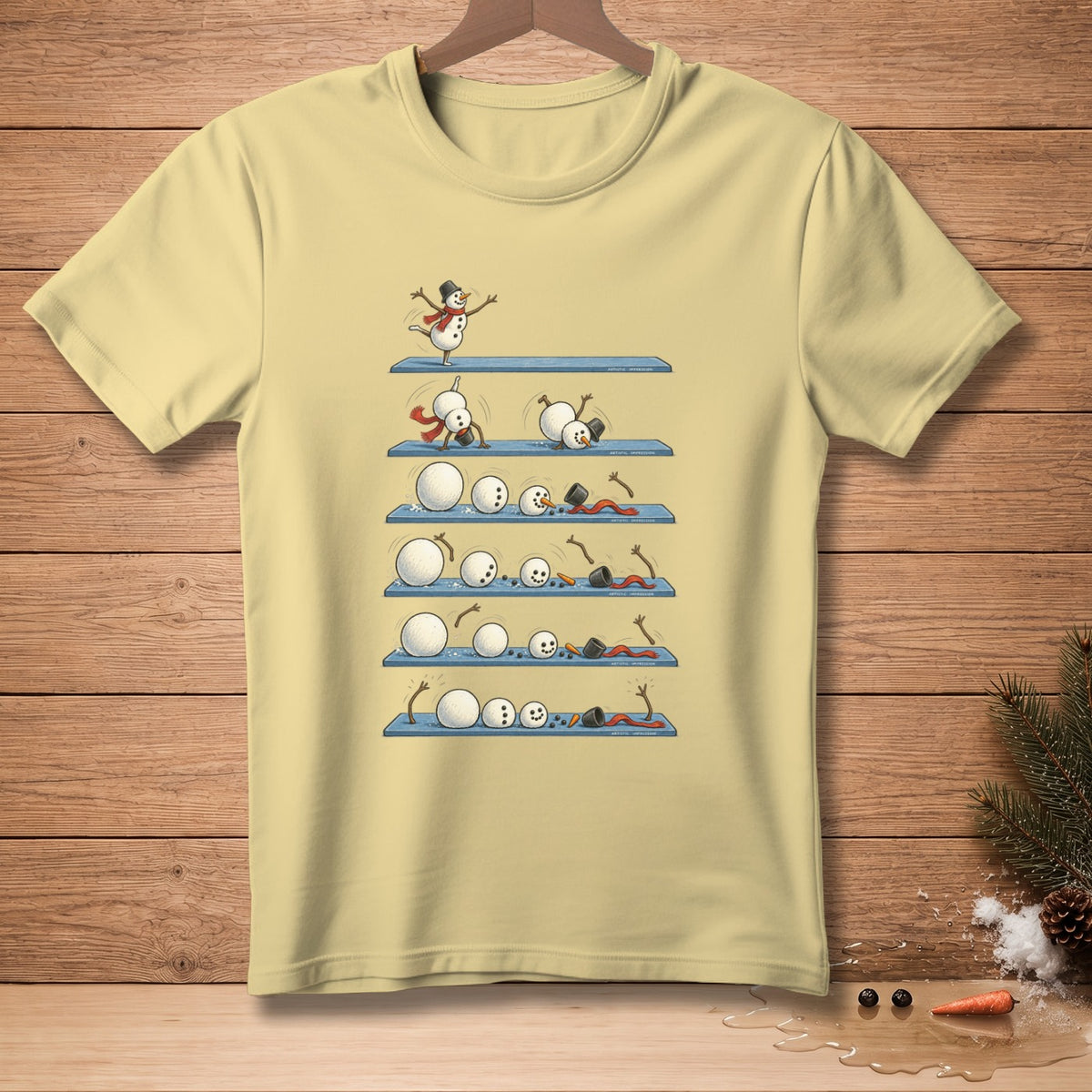 Comic strip showing snowmen failing to build themselves in comical ways.
