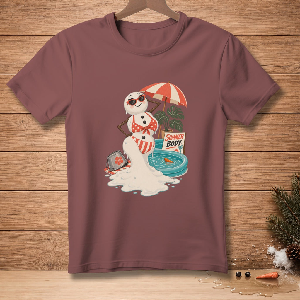Melting snowman in a bikini with an umbrella and a pool, "Summer Body" text.