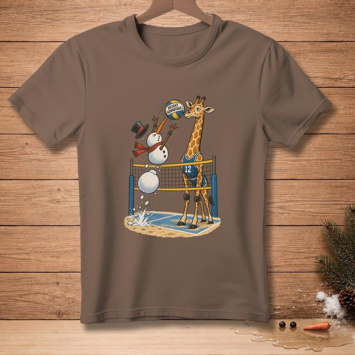 Snowman playing volleyball against a giraffe on a beach court.